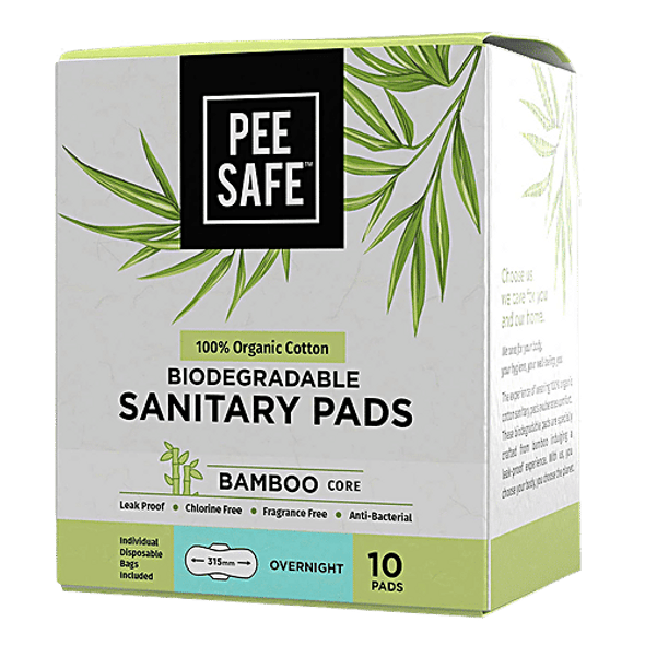 Pee Safe 100% Organic Cotton Biodegradable Sanitary Pads - Overnight|10 pcs