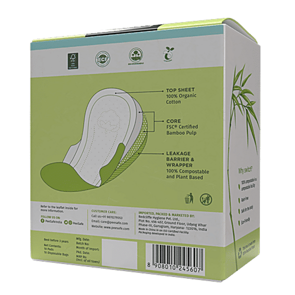Pee Safe 100% Organic Cotton Biodegradable Sanitary Pads - Overnight|10 pcs