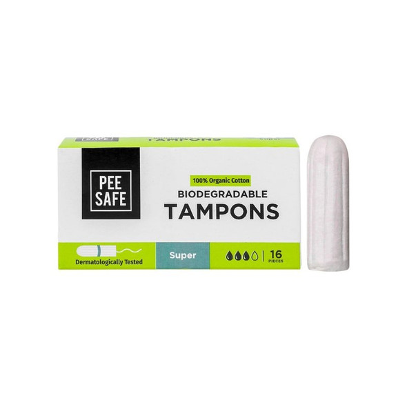 Pee Safe 100% Organic Medium Flow Tampons (Super)|16 pieces, 1 pack (16 pieces)