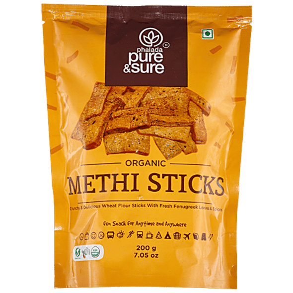 Phalada Pure & Sure Organic Methi Sticks - Made With Wheat Flour, Fenugreek Leaves, Crunchy & Delicious|200 g Phalada Pure & Sure Organic Methi Sticks - Made With Wheat Flour, Fenugreek Leaves, Crunchy & Delicious|200 g