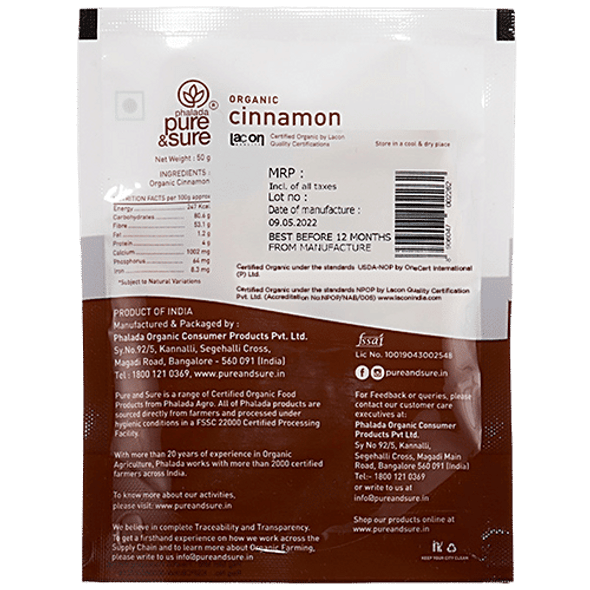 Phalada Pure & Sure Organic Cinnamon Powder - Warm Fragrance, Spicy Flavour|50 g