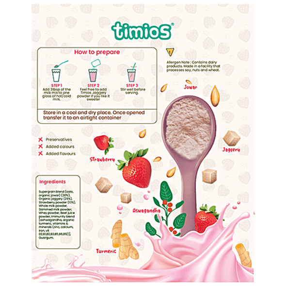 Timios High Protein Berry Full Hearty Milk Mix - No Sugar, With Oats, Organic Jowar, Strawberry Powder|250 g Timios High Protein Berry Full Hearty Milk Mix - No Sugar, With Oats, Organic Jowar, Strawberry Powder|250 g