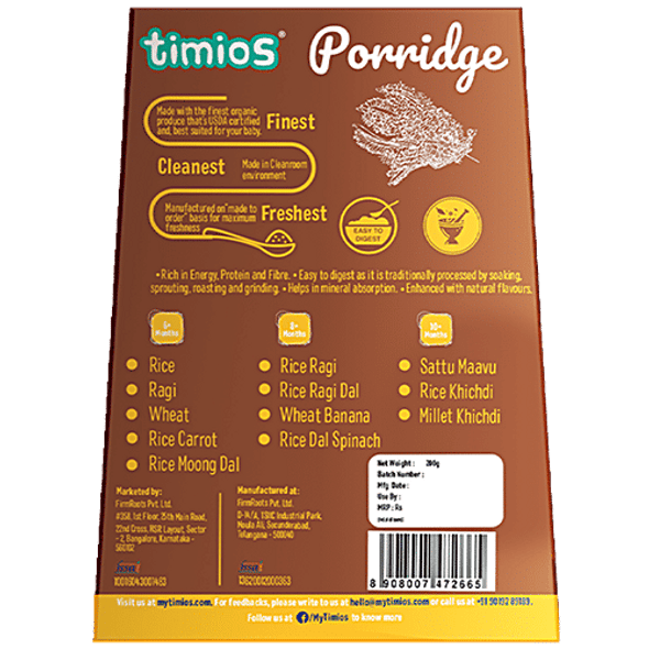 Timios Porridge - Organic Ragi, For Babies 6+ Months|200 g
