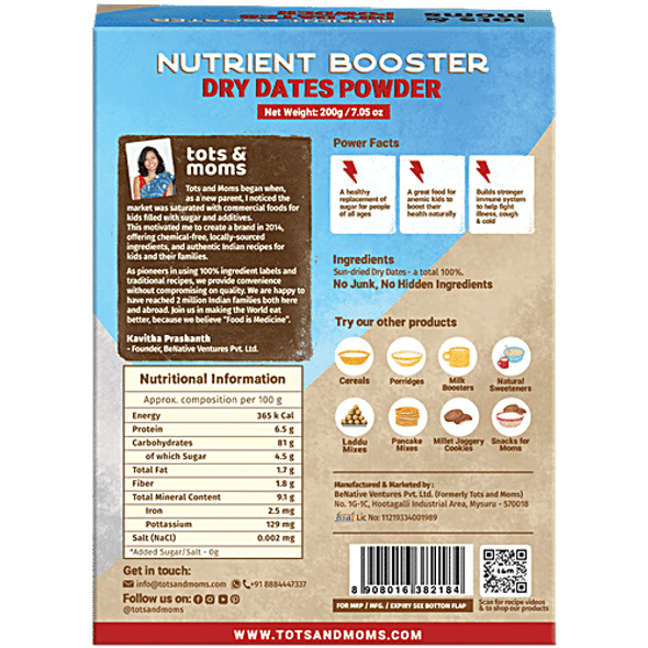 Tots & Moms Dry Dates Powder - Iron Rich Natural Sweetener, Organic, Preservatives Free|200 g Tots & Moms Dry Dates Powder - Iron Rich Natural Sweetener, Organic, Preservatives Free|200 g