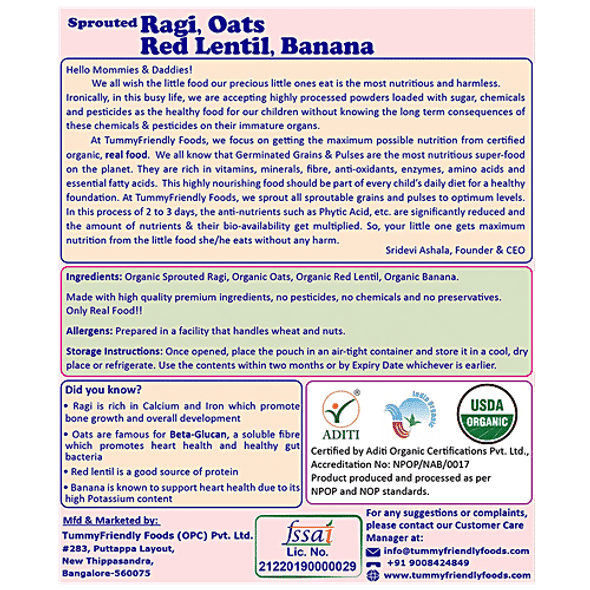 TummyFriendly Foods 100% Organic Sprouted Ragi, Oats, Red Lentil, Banana Porridge Mix|200 g