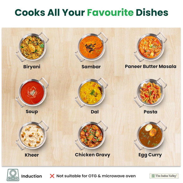 The Indus Valley Triply Stainless Steel Stock Pot with SS Lid/Briyani Pot Handi Shaped/Casserole, 2.6 Liters, 1.48kg