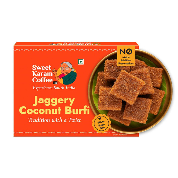 Sweet Karam Coffee Jaggery Coconut Burfi Squares – 150grams | No Refined Sugar or Preservatives | Traditional South Indian Mithai | Made with Natural Jaggery & Coconut | Healthy & Homemade Treat Sweet Karam Coffee Jaggery Coconut Burfi Squares – 150grams | No Refined Sugar or Preservatives | Traditional South Indian Mithai | Made with Natural Jaggery & Coconut | Healthy & Homemade Treat