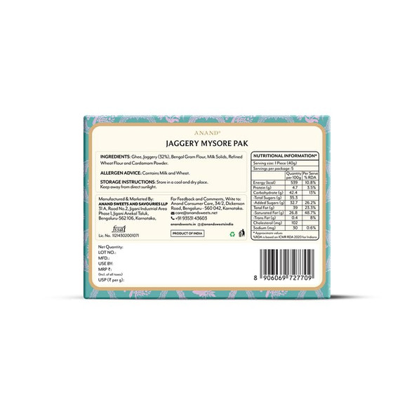 Anand Jaggery Mysore Pak 200gm Pack Indian Sweet with Pure Ghee and Natural Jaggery, Low GI, Soft Melt-in-the-Mouth Texture, Healthy & Delicious Gud Mysore Pak for Gifting & Festivals