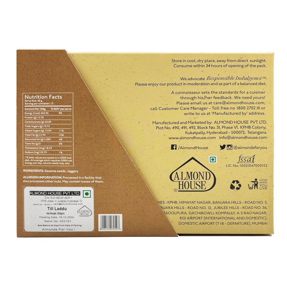 Almond House Till Laddu | Sesame Jaggery Laddu | Nutritious | Grandma's recipe | No Processed Sugar No Artificial Flavor & No added colours | Healthy Snack | Gluten Free | Perfect For Gifting | 250 gm Almond House Till Laddu | Sesame Jaggery Laddu | Nutritious | Grandma's recipe | No Processed Sugar No Artificial Flavor & No added colours | Healthy Snack | Gluten Free | Perfect For Gifting | 250 gm