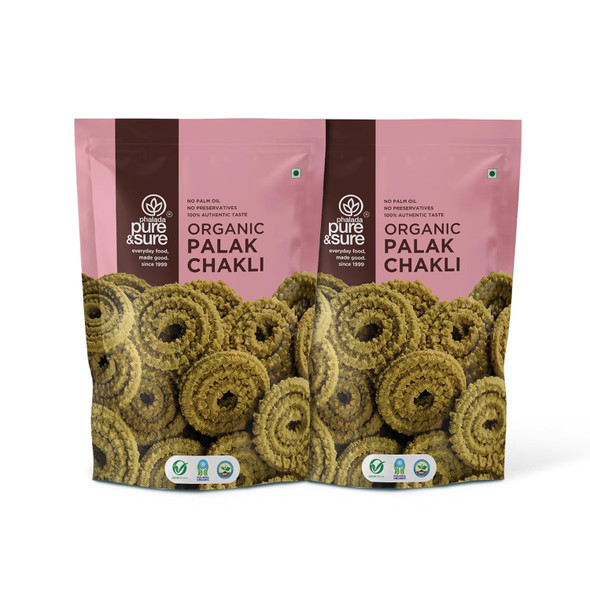 Pure & Sure Organic Palak Chakli-240gm | Delicious Crunchy Namkeen & Snacks | Ready to Eat Tea Time Snacks, Cholesterol Free, No Trans Fats, No Preservatives| 120gm each (Pack of 2) Pure & Sure Organic Palak Chakli-240gm | Delicious Crunchy Namkeen & Snacks | Ready to Eat Tea Time Snacks, Cholesterol Free, No Trans Fats, No Preservatives| 120gm each (Pack of 2)