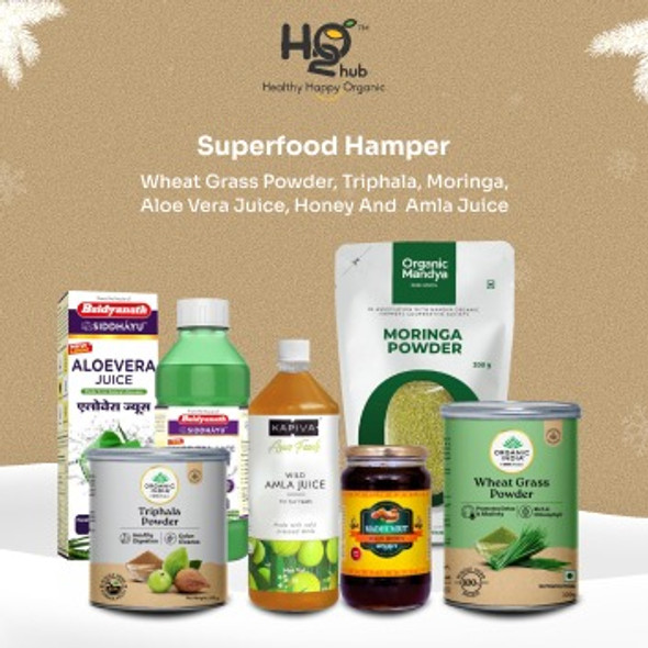 Superfood Hamper- Wheat grass powder(100g), Triphala (100g), Moringa (200g), Amla juice (1L), Honey (500g), Aloe Vera juice (1L)