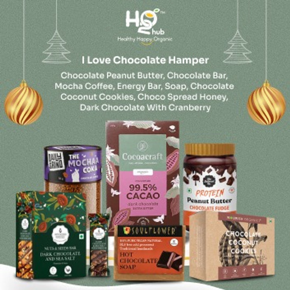 I love chocolate hamper- Chocolate peanut butter (800g), Chocolate bar (210g), Mocha Coffee (50g),  Energy Bar (180g), Chocolate coconut cookies (140g), Soap (150g),Choco spread honey (250g), Dark chocolate with cranberry (40g)