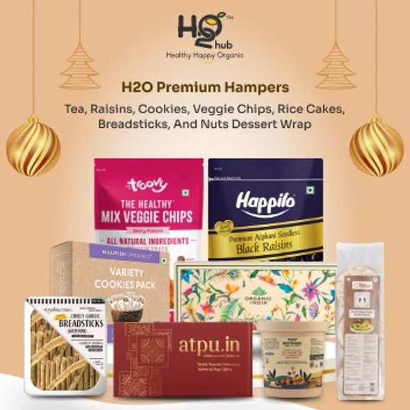 H2o Premium Hampers- Tea (30 g), Raisins (250g),  Cookies (140g), Veggie Chips (70g),  Mini Bars (200g), Rice Cakes (125g), Breadsticks (100g), Nuts Desserts Wrap(5Pcs), Aloe Vera juice (1L)