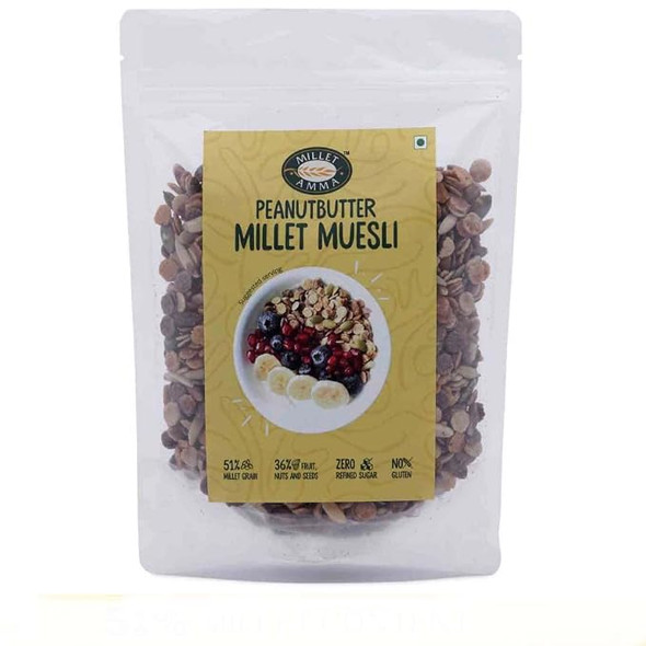 Millet Amma Peanut Butter Millet Muesli | Fruit, Nuts & Seeds| Whole Grain | Healthy Foods, Gluten Free, Zero Refined Sugar | Vegan, Nutrient Rich, Healthy Living|175gm|0.39 lbs