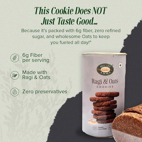 Millet Amma Premium Ragi & Oats Cookies | Healthy & Tasty Gluten Free Snacks | High Fiber & Calcium Millet Cookies | No Maida | No Refined Sugar |135gm|0.3 lbs