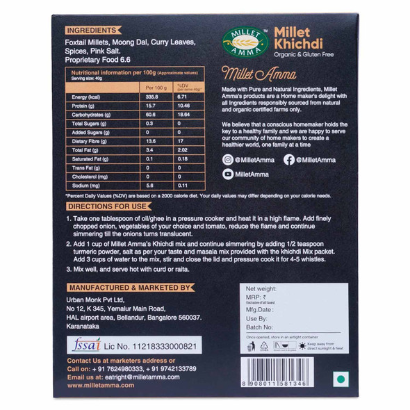 Millet Amma CERTIFIED ORGANIC Millet Khichdi Mix |  | 65% Millet Content | Easy & Ready to Cook | Instant Millet Breakfast Mix | Rich in Protein & High Fiber | 100% Vegan |250gm|0.55 lbs