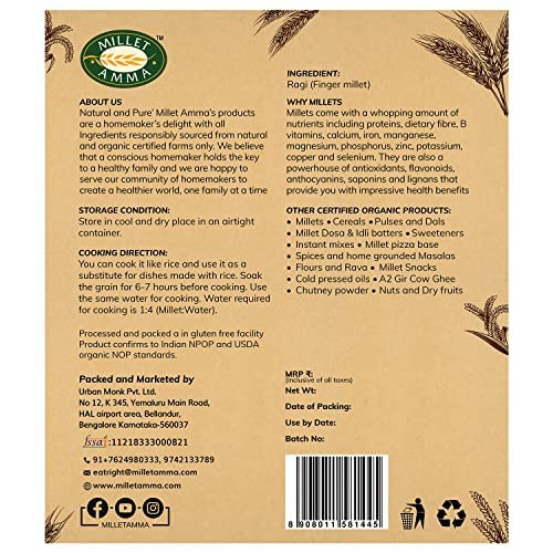 MILLET AMMA Unpolished ORGANIC Ragi (Finger Millet) Grains | (Kelvaragu,Nachni,Ragulu) | Suitable for Multiple Millet Recipes (Ragi Ladoo, Roti, Dosa, Idly) |500gm|1.1 lbs