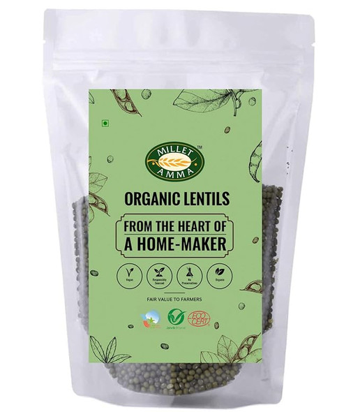 MILLET AMMA Organic Green Gram (Moong Dal) Whole -| 100% Vegan, Gluten Free & No Preservatives | Suitable for Multiple Recipes | Source of Proteins |500gm|1.1 lbs