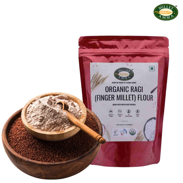 MILLET AMMA Organic Sprouted Ragi (Finger Millet) Flour Organic | Excellent Non-Dairy Sources of Calcium - Helps in Strengthening of Bones | 100% Vegan & Gluten Free|500gm|1.1 lbs