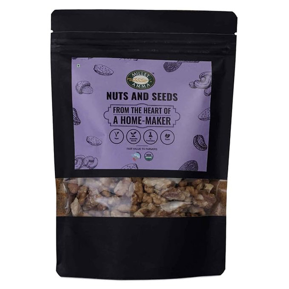 MILLET AMMA Organic Walnuts | Contain Polyunsaturated Fatty Acids | 100% Vegan & Gluten Free | Suitable to Mix Them in Multiple Recipes (Salads, Cereal, Use Them While Baking) | Health Snack |250gm|0.55 lbs