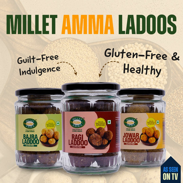 MILLET AMMA Laddo Combo | Pack of 3 Varieties ( Ragi , Jowar & Bajra Laddoo)|900gm|1.98 lbs