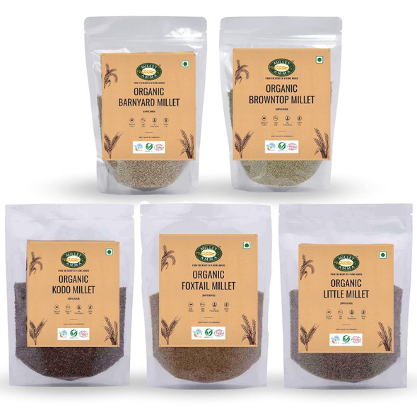 Millet Amma Siridhanya Grain Combo Organic Millet Pack of 5 (5kg-Each 1kg) | Positive Millets due to its balanced Nutritional Profile | Kodo , Foxtail, Little, Barnyard , Browntop Millets|5000gm|11.02 lbs