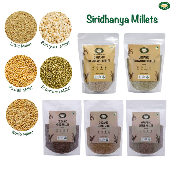 Millet Amma Siridhanya Grain Combo Organic Millet Pack of 5 (5kg-Each 1kg) | Positive Millets due to its balanced Nutritional Profile | Kodo , Foxtail, Little, Barnyard , Browntop Millets|5000gm|11.02 lbs