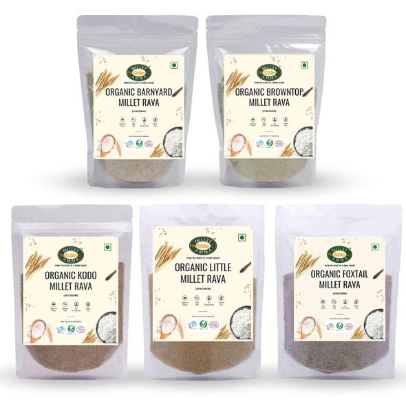 MILLET AMMA Siridhanya Grain Rava Combo, CERTIFIED ORGANIC Millet Pack of 5-2.5Kg, Positive Millets Due to its Balanced Nutritional Profile, Kodo, Foxtail, Browntop, Little, Barnyard by MILLET AMMA|2500gm|5.51 lbs