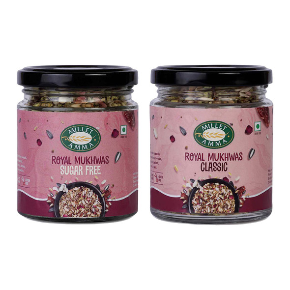 MILLET AMMA Royal Mukhwas Combo Pack of 2 | Royal Mukhwas Classic + Royal Mukhwas Sugar Free | 100gm Each |200gm|0.44 lbs