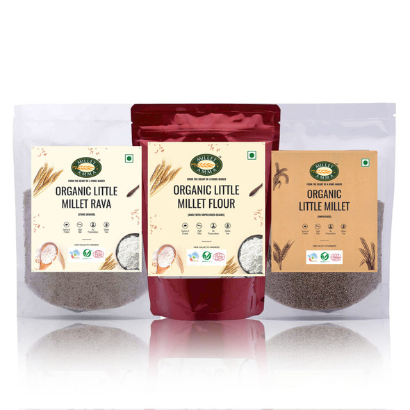 MILLET AMMA Organic Little Millet Combo Pack of 3 | Little Millet Grain + Little Millet Rava + Little Millet Flour | 500gm Each |1500gm|3.31 lbs