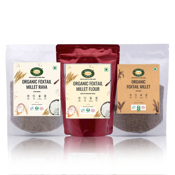 Millet Amma Organic Foxtail Millet Combo Pack of 3 | Foxtail Grain + Foxtail Rava + Foxtail Flour | 500gm Each |1500gm|3.31 lbs