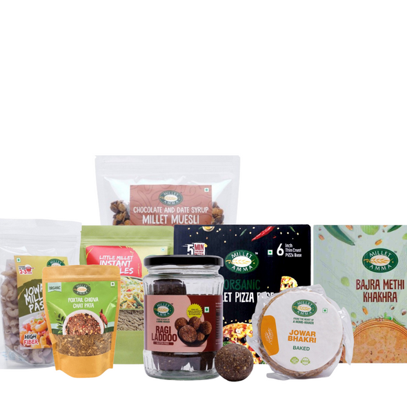 Millet Amma Family Millet Bites Combo No. 1 - Little millet Instant Noodles + Jowar Millet Pasta + Millet Pizza Base + Bajra Methi Khakra + Jowar Bhakri + Foxtail Chivda + Ragi Laddu + Chocolate Muesli |1500gm|3.31 lbs