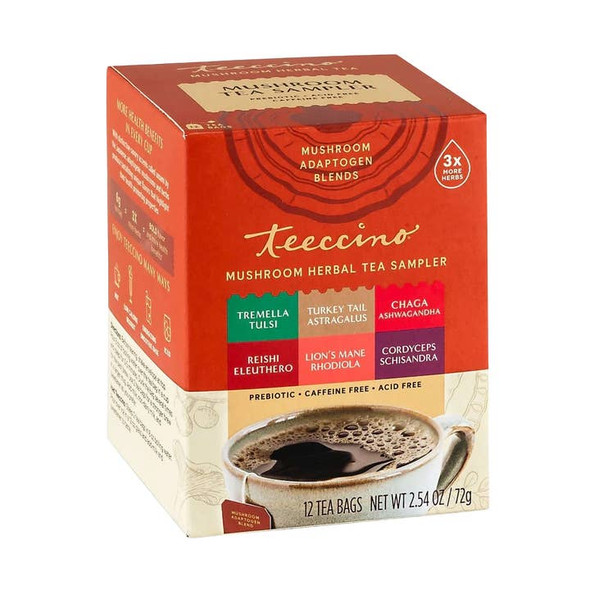 Mushroom Herbal Tea - Mushroom Adaptogen Tea Sampler - 12 Tea Bags - Support Your Health With Mushrooms and Adaptogenic Herbs, Prebiotic, Caffeine Free, Acid Free by Teeccino|113gm|0.25 lbs