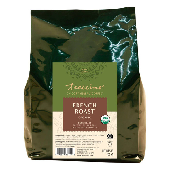 French Roast Chicory Coffee Alternative, 5 Lb Bag - Ground Herbal Coffee That’s Prebiotic, Caffeine-Free & Acid Free, Dark Roast, 5 lb by Teeccino|2267gm|5.0 lbs