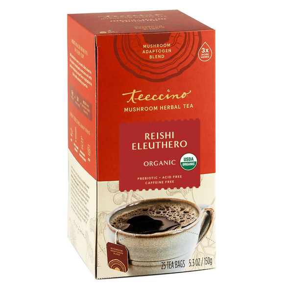 Reishi Eleuthero Tea - French Roast - Organic Mushroom Adaptogenic Herbal Tea, 3x More Herbs than Regular Tea Bags, Caffeine Free, Chicory Prebiotic - 25 Tea Bags by Teeccino|150gm|0.33 lbs