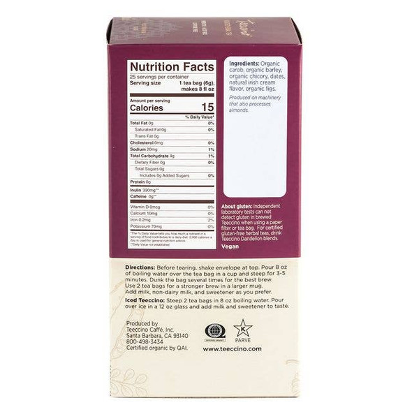 Irish Cream Herbal Tea, Rich & Roasted Herbal Tea That’s Caffeine Free & Prebiotic for Natural Energy, 25 Tea Bags by Teeccino|150gm|0.33 lbs