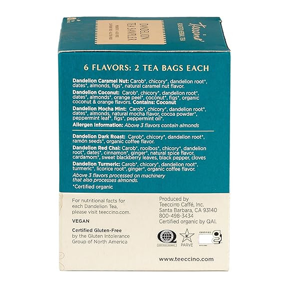 Dandelion Tea Sampler - 12 Tea Bags - Caramel Nut, Coconut, Dark Roast, Mocha Mint, Red Chai, Turmeric - Caffeine-Free, Roasted Herbal Tea with Prebiotics, 3x More Herbs than Regular Tea Bags, Gluten Free by Teeccino|113gm|0.25 lbs