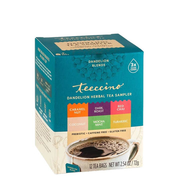 Dandelion Tea Sampler - 12 Tea Bags - Caramel Nut, Coconut, Dark Roast, Mocha Mint, Red Chai, Turmeric - Caffeine-Free, Roasted Herbal Tea with Prebiotics, 3x More Herbs than Regular Tea Bags, Gluten Free by Teeccino|113gm|0.25 lbs
