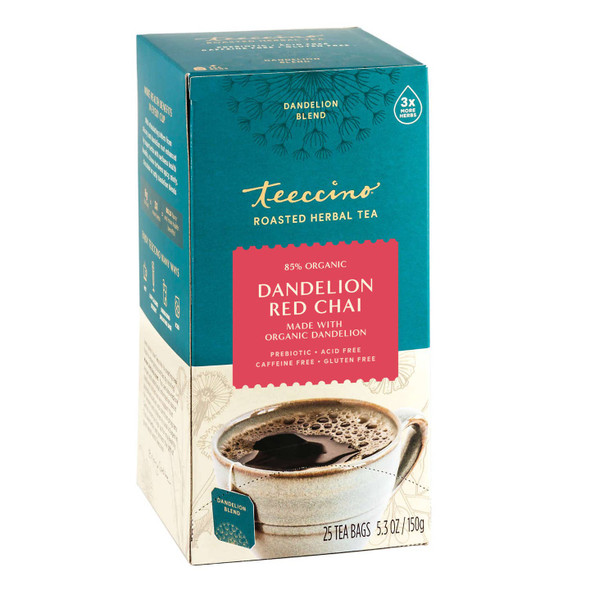 Dandelion Red Chai Tea - 25 Tea Bags - Caffeine-Free, Roasted Herbal Tea with Prebiotics, 3x More Herbs than Regular Tea Bags, Gluten Free, by Teeccino|150gm|0.33 lbs