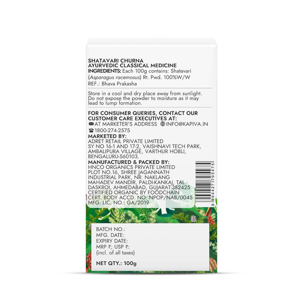 Organic Shatavari Powder by Kapiva|100gm|0.22 lbs