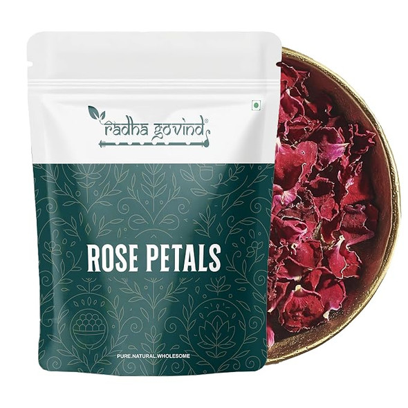 Organic Sun Dried Rose Petals | Gulab Patti | Edible for Food and for Beautiful Hair & Skin by Radha Govind|50gm|0.11 lbs