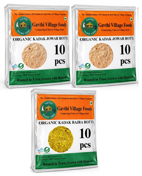 Gavthi Village Foods Kadak Jowar Roti & Bajra Roti | Ready to Eat Millet Rotti | Gluten Free | No Preservatives | Authentic Taste. (20 Jowar & 10 bajra – 30 Pieces) |900gm|1.98 lbs