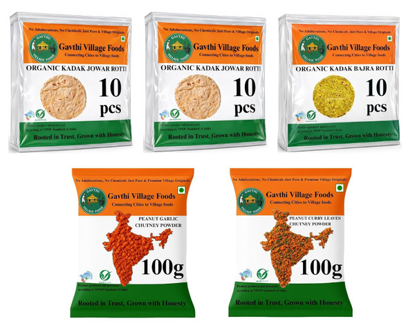 Gavthi Village Foods Kadak Jowar Roti & Bajra Roti | Peanut Chutney Powders - Garlic Curry Leaves | Ready to Eat Millet Rotti | (20 Jowar & 10 bajra – 30 Pieces) |1500gm|3.31 lbs