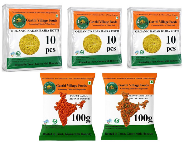 Gavthi Village Foods Kadak Bajra Roti Sajje Rotti | Peanut Chutney Powders Combo | Flavours - Garlic & Curry Leaves | Ready to Eat Millet Rotti | (30 Bajra Roties Meal, Size 11 inch)|1500gm|3.31 lbs