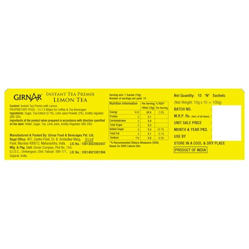 Girnar Instant Premix Lemon Black Tea – 10 Sachets |100gm|0.22 lbs