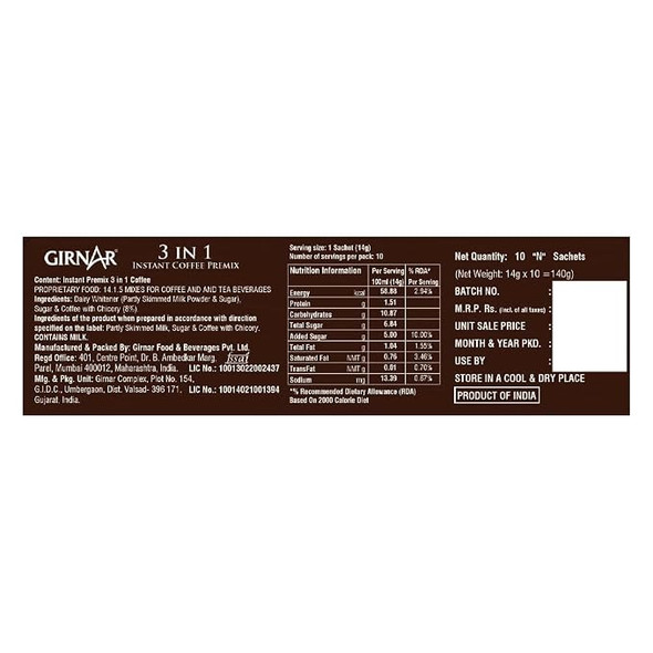 Girnar Instant 3-in-1 Coffee Premix – 10 Sachets |140gm|0.31 lbs
