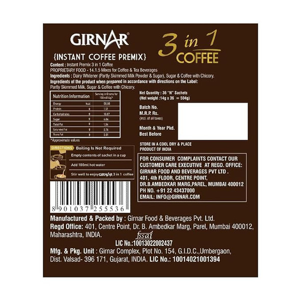 Girnar Instant 3-in-1 Coffee Premix – 36 Sachets |470gm|1.04 lbs