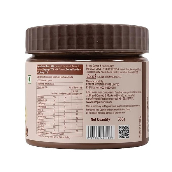 Eatopia - Choco Nut Spread | 56% Nuts - Almond, Hazelnut, Peanut, Cashew | No Refined Sugar | Made with Honey & Jaggery | 20% Protein | Rich Cocoa | No Added Preservatives | Healthy Chocolate Spread |360gm|0.79 lbs