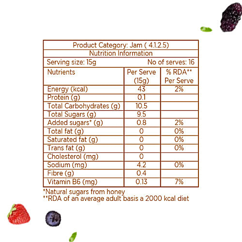 Eatopia-Sugar Free Mixed Berry Honey Jam | 100% Pure & Natural | Healthy Jam for Kids & Adults | 70% Real Fruit Berries | No Added Flavours & Preservatives | Sweetness from Real Fruits & Honey | Pack of 1 |240gm|0.53 lbs