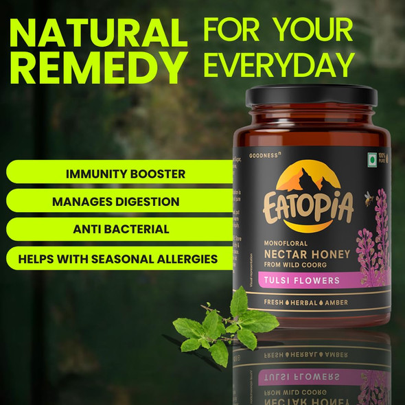 Eatopia-Tulsi Honey | Natural Ayurvedic Immunity Booster | Helps in Curing Cough & Cold | No Refined Sugar | 100% Natural & Pure Honey | Rich in Antioxidants | Monofloral Nectar Honey from Wild Coorg |500gm|1.1 lbs